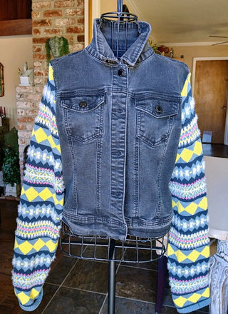 Black Denim  Refurbished Jacket, Knit Sleeves, Med to large