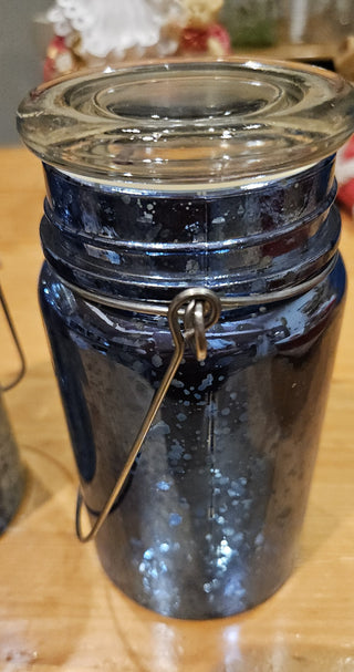 Mercury Glass Jar w/Lid & Handle, Blue, 6" tall, RSV|121163