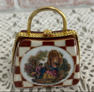 Vintage 1980's My treasure hand painted Maroon and gold victorian scene porcelain trinket box with gold handle #62 VV|97562
