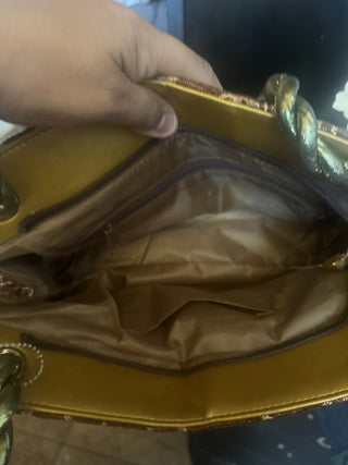 Fancy hand bag Vintage glass beads on the front and embrodiery leaves, gold rope handle with zippers on inside and out #63 VV MTS