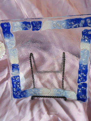 Fused Glass Tray w/ blue border MTS