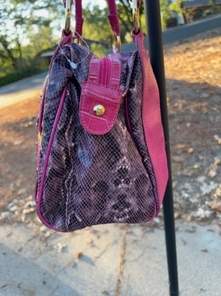 NWT Original by Sharif 1827 handbag features a striking fuchsia and purple snakeskin pattern