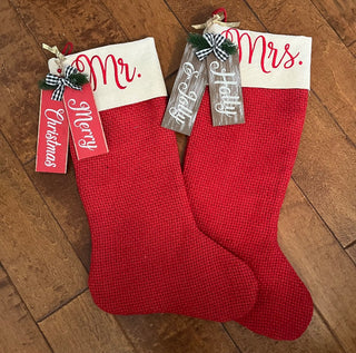 PAIR OF MR & MRS RED CHRISTMAS STOCKINGS WITH WOOD TAGS BURLAP-LIKE FABRIC NEW CONDITION (KJS) RCD|126488