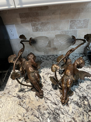 Pair of Antique Art Nouveau French Bronze Spelter Winged Cherub Sconces RCD (Local Pickup Only)