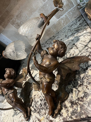 Pair of Antique Art Nouveau French Bronze Spelter Winged Cherub Sconces RCD (Local Pickup Only)