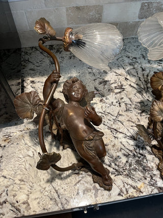 Pair of Antique Art Nouveau French Bronze Spelter Winged Cherub Sconces RCD (Local Pickup Only)