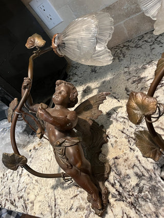 Pair of Antique Art Nouveau French Bronze Spelter Winged Cherub Sconces RCD (Local Pickup Only)