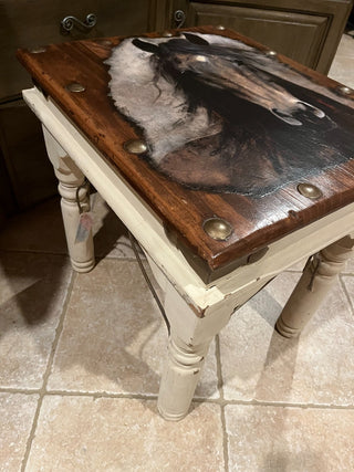 Custom Horse Top/Cream Base w/Iron Accents Side Table. RSV|143113