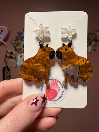 Capybara Earrings w/ White Flower Post MTS|122315