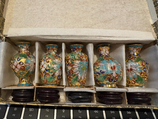 Vtg. Asian Cloisonné Vases w/wood stands (Set of 5) 2"