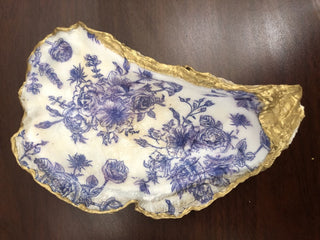 Blue White Floral Oyster Trinket Dish 6x3.75in RSV