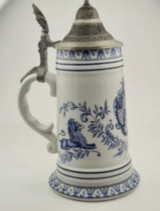 Vintage Schrobenhausen Germany Blue white Lion Lidded Beer Stein #47 VV MTS|119247