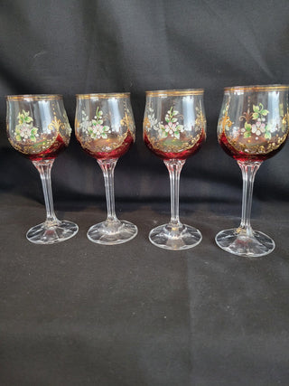 Vtg Bohemian Red & Clear w/Enamel & Gold Goblets Set of 4 RCD