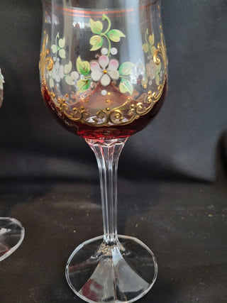 Vtg Bohemian Red & Clear w/Enamel & Gold Goblets Set of 4 RCD