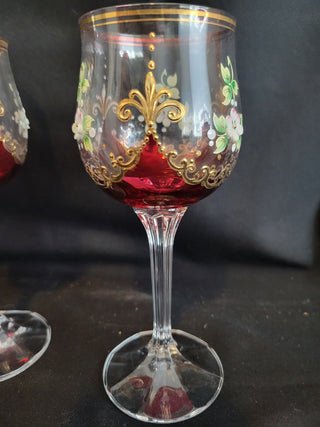 Vtg Bohemian Red & Clear w/Enamel & Gold Goblets Set of 4 RCD