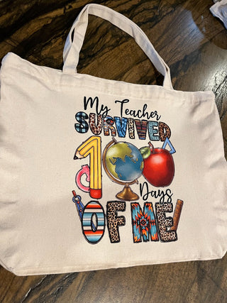 "My Teacher Survived 100 Days Of Me" Large Zippered Canvas Bag or Tote RSV