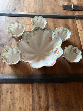 Vintage Hand Painted Nippon Bowl scalloped gold rim footed & 5 small matching pattern nut bowls VV MTS