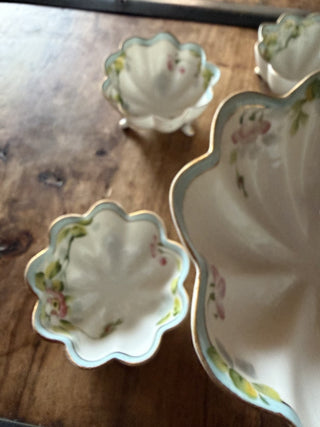 Vintage Hand Painted Nippon Bowl scalloped gold rim footed & 5 small matching pattern nut bowls VV MTS