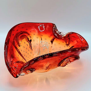 Vintage Murano Style Art Glass Dish Red Controlled Bubbles Bullicante