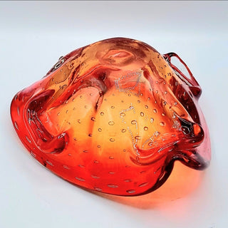 Vintage Murano Style Art Glass Dish Red Controlled Bubbles Bullicante