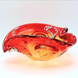 Vintage Murano Style Art Glass Dish Red Controlled Bubbles Bullicante