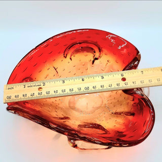 Vintage Murano Style Art Glass Dish Red Controlled Bubbles Bullicante