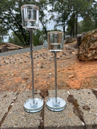 Pair tall clear glass and acrylic candlesticks sleek silver-finished stem