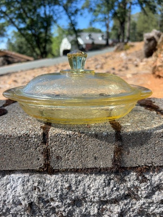 Vintage Hazel Atlas Florentine Yellow Depression Glass Covered Bowl