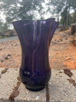 8.5” Wavy Amethyst Art Glass Hand Blown Handkerchief Vase