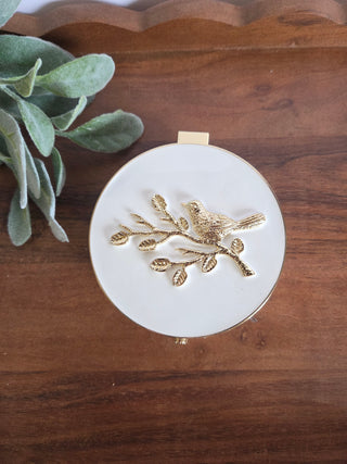 White Enamel Bird Trinket Jar w/ Mirror