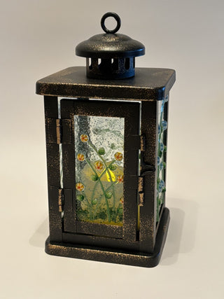 Bronze Lantern with Fused Glass Floral Panels 3.5" Square, 7.5" Tall - AnoGLass|58490