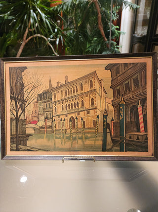 1970s Painting Venice on Cardboard w/ metal frame RSV