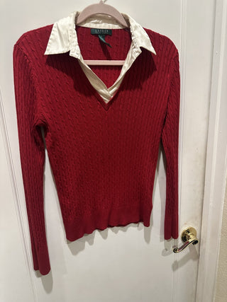 Ralph Lauren Large Red Cashmere Long sleeve, Silk V-Neck collared #63 VV MTS|135841