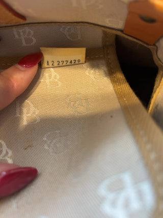 Vintage Y2K Dooney & Bourke logo monogram tote crossbody satchel bag in beige canvas brown leather trim