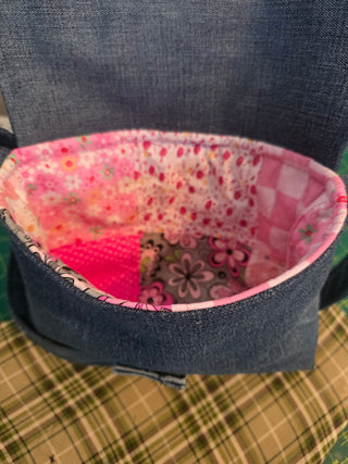 Recycled jean bag, patchwork lining.