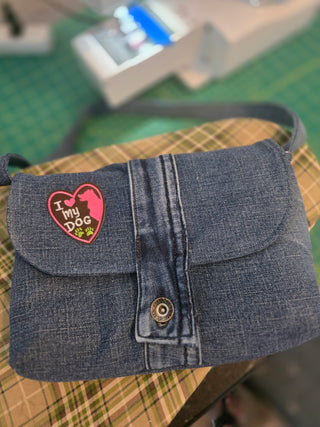 Recycled jean bag, patchwork lining.