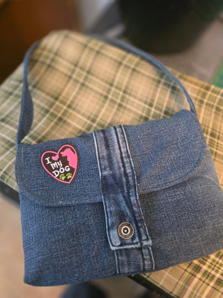 Recycled jean bag, patchwork lining.