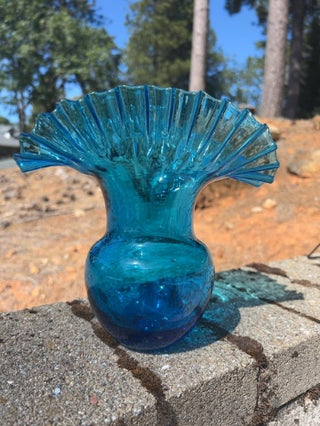 8” vintage Blenko Art Glass vase Azure Blue ruffled or crimped top edge