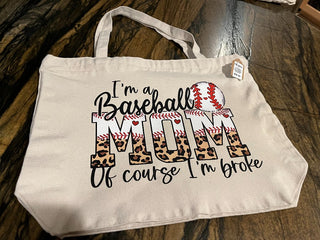 "I'm a Baseball Mom" Leopard Large Zippered Canvas Tote RSV|72431