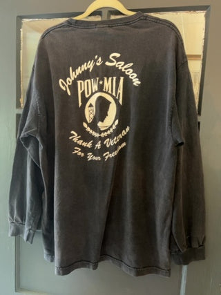 vintage-style long-sleeve black graphic tee featuring the script text "Johnny's / Punk Rock & Booze / Orange County" XL