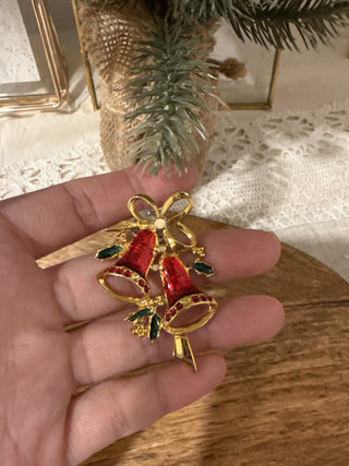 Red Christmas Bells Gold Tone Brooch Pin w/Ribbon & Green Holly Red Berries|137535