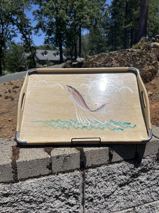 12F vintage set of 3 Woodpecker Woodware blonde wood trays with etched and painted fish MTS|83694