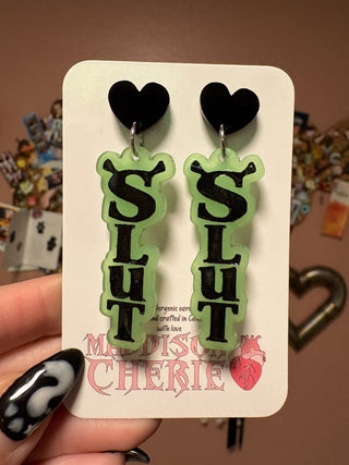 Glow in the Dark Black/Green SLUT Earrings Heart Post MTS