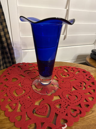 Vintage Cobalt Blue Vase with Ruffled Lip / Clear Base - RCD