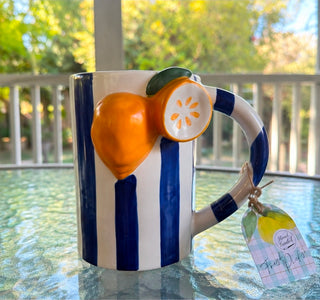 Handpainted Blue Striped Mugs Set of 4