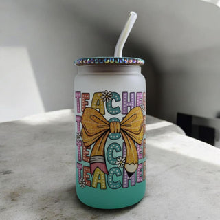 Glass Cup with Bamboo Lid and Straw 16 0z: Holographic Rhinestone Teacher w/Bow RSV|69346