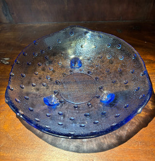 Vtg blue glass hobnail footed bowl NM MTS