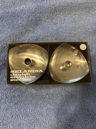 12F SELANDIA Danish Stainless Steel  Candle Holders Pair Vintage MCM In Box MTS|141648