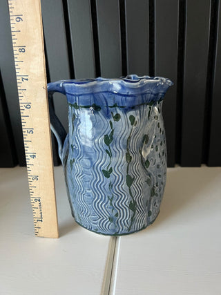 Handmade pottery blue ruffle pitcher RSV