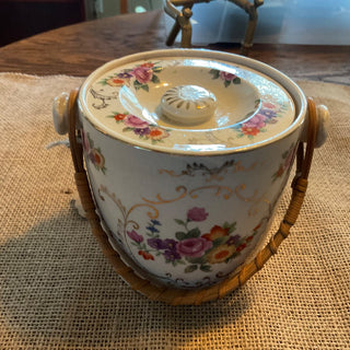 Vint Porcelain Biscuit Jar w rattan handle floral MTS|72677